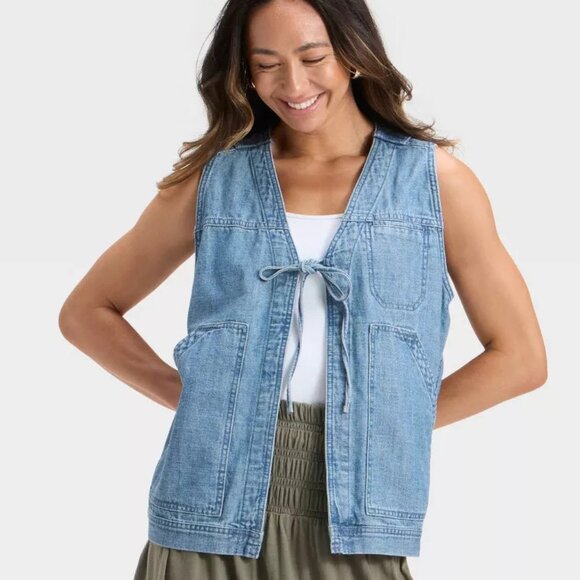 Universal Thread Denim Tie-Front Utility Vest In Medium Wash/NWT/L - Picture 1 of 13